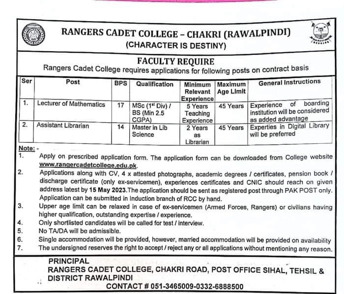 Rangers Cadet College Lecturers and Assistant Lib Vacancies 2023