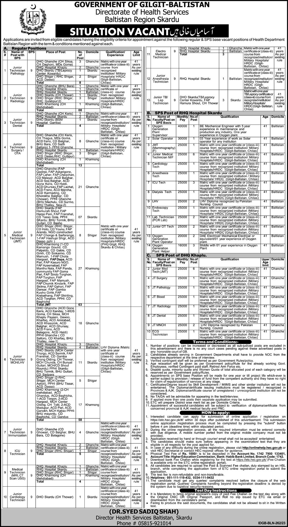 Regular and SPS Based Health Department Vacancies in Gilgit Baltistan