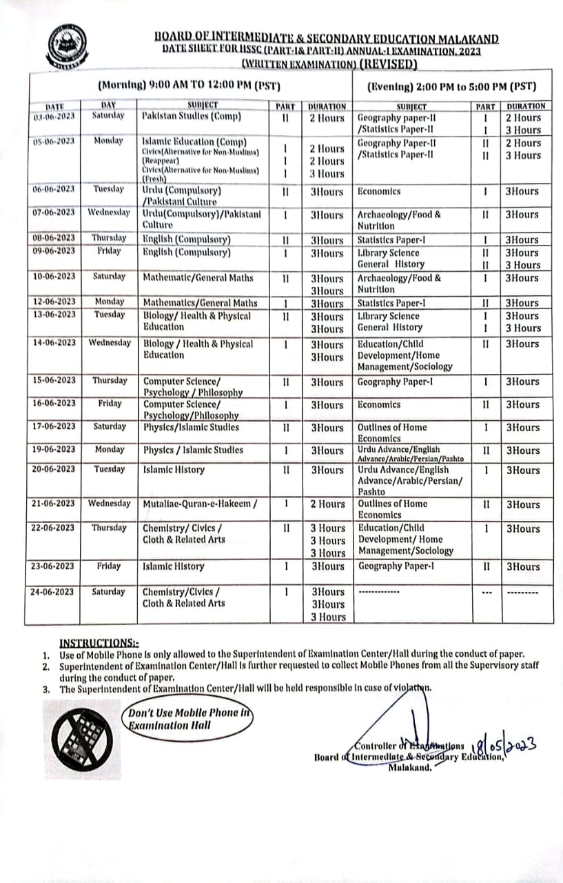 Revised Date Sheet HSSC Part-I and Part-II 2023 BISE Malakand