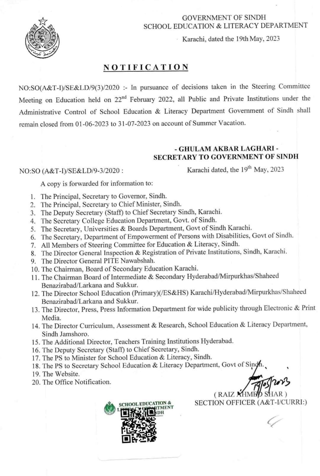 Notification of Summer Vacation (Holiday) 2023 Public and Private Schools Sindh