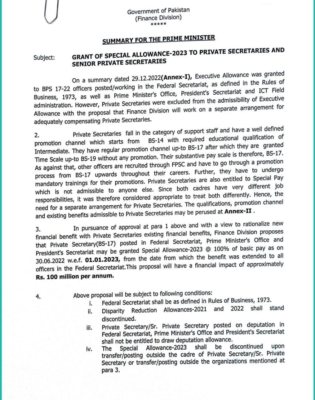 Summary for PM Grant of Special Allowance @ 100% to Private Secretaries BPS-17