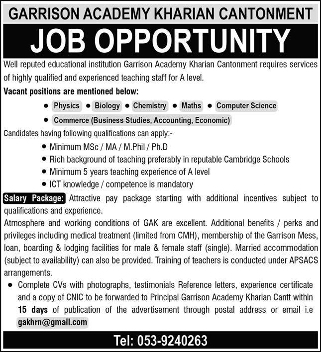 Teaching Vacancies in Garrison Academy Kharian Kharian May 2023