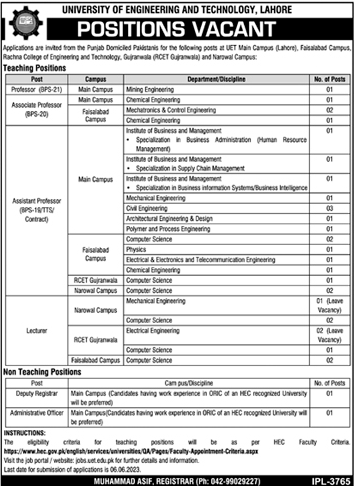 UET Lahore Teaching and Non-Teaching Vacancies May 2023