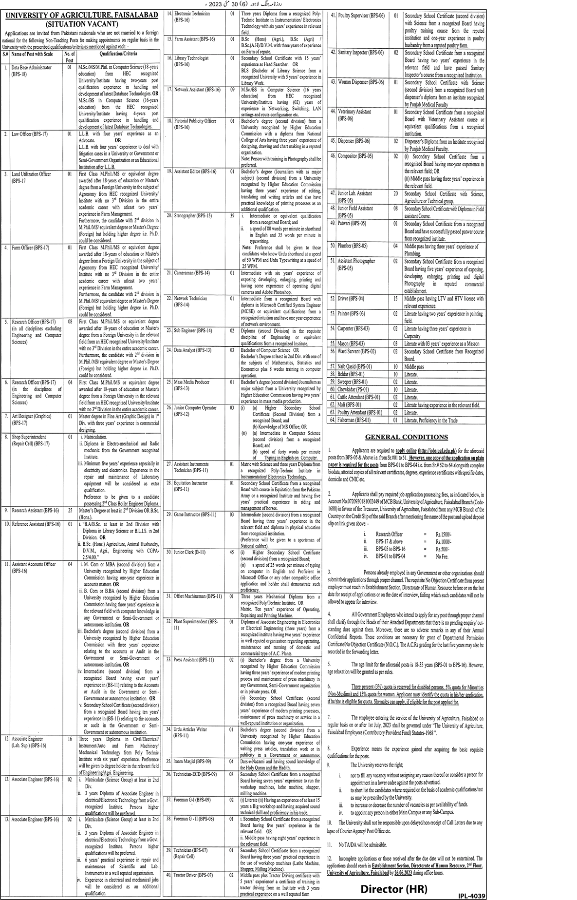 Univeristy of Agriculture Faisailabad New Vacancies June 2023