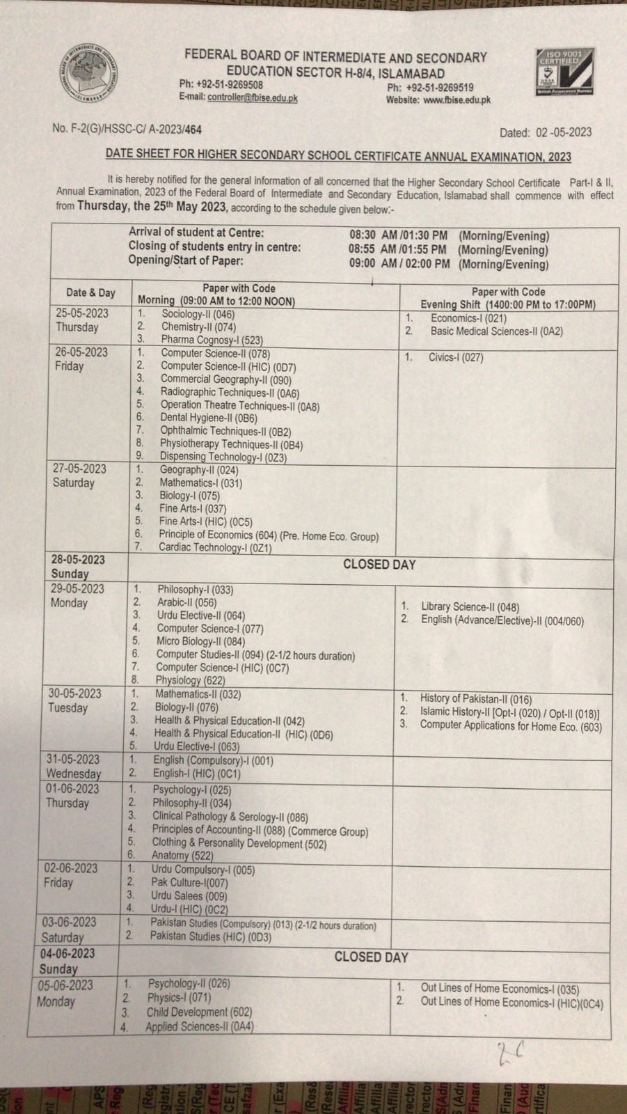 Federal Board Date Sheet for HSS Part-I & II Examination 2023