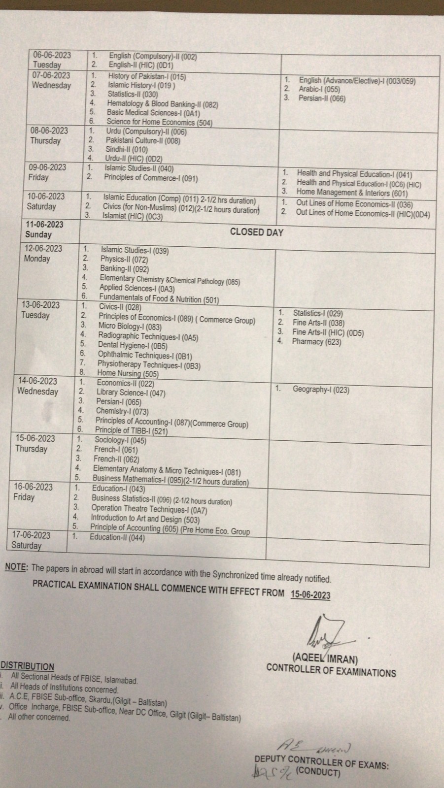FBISE Date Sheet for HSS Part-I & II Examination 2023