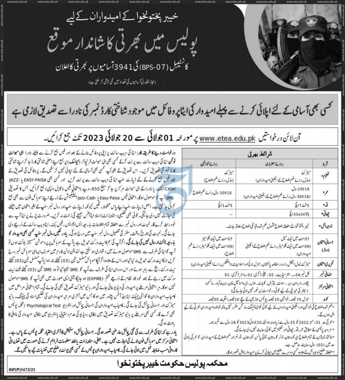 Registration 3941 Vacancies of Police Constables BPS-07 KP