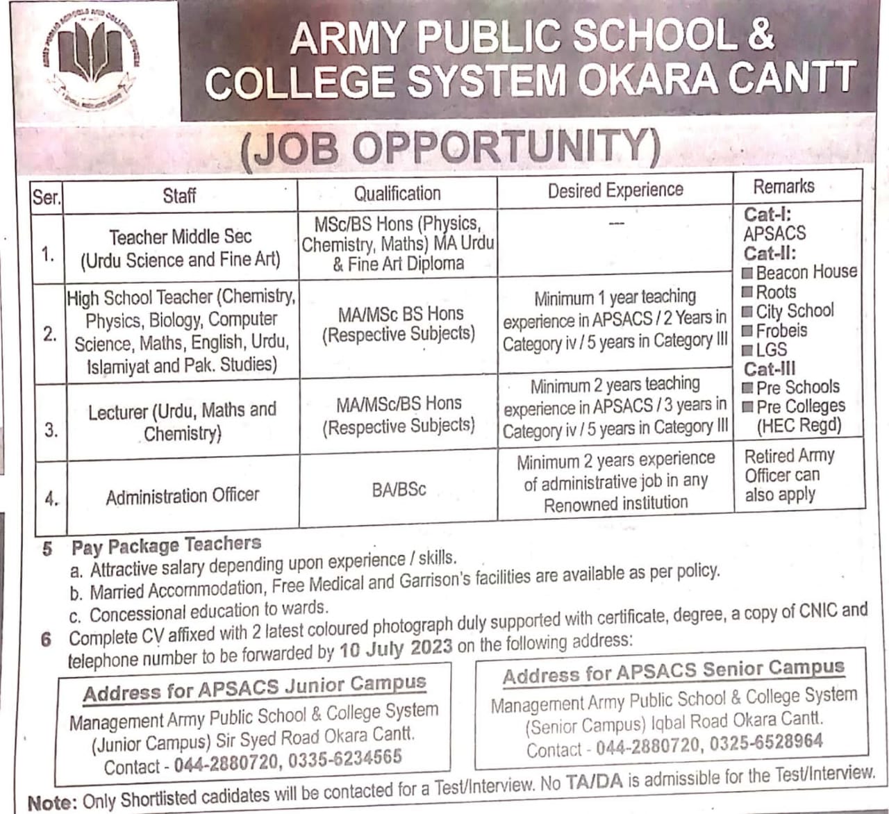 Army Public School and College System Okara Cant Teaching and Non-Teaching New Vacancies