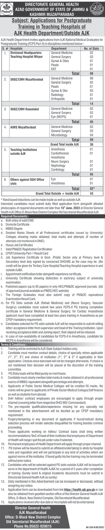 Applications for Postgraduate Trainings in teaching Hospitals AJK Health Departments