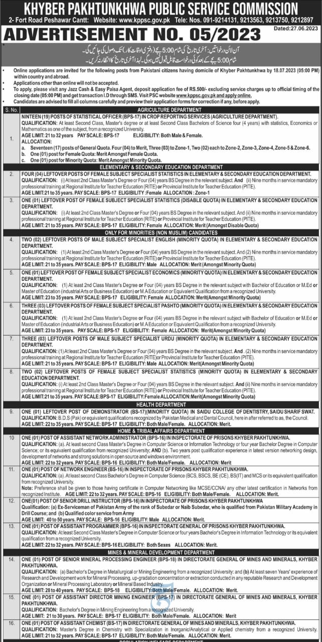 KPPSC Ad No. 05 of 2023 BPS-14 to BPS-18 Vacancies