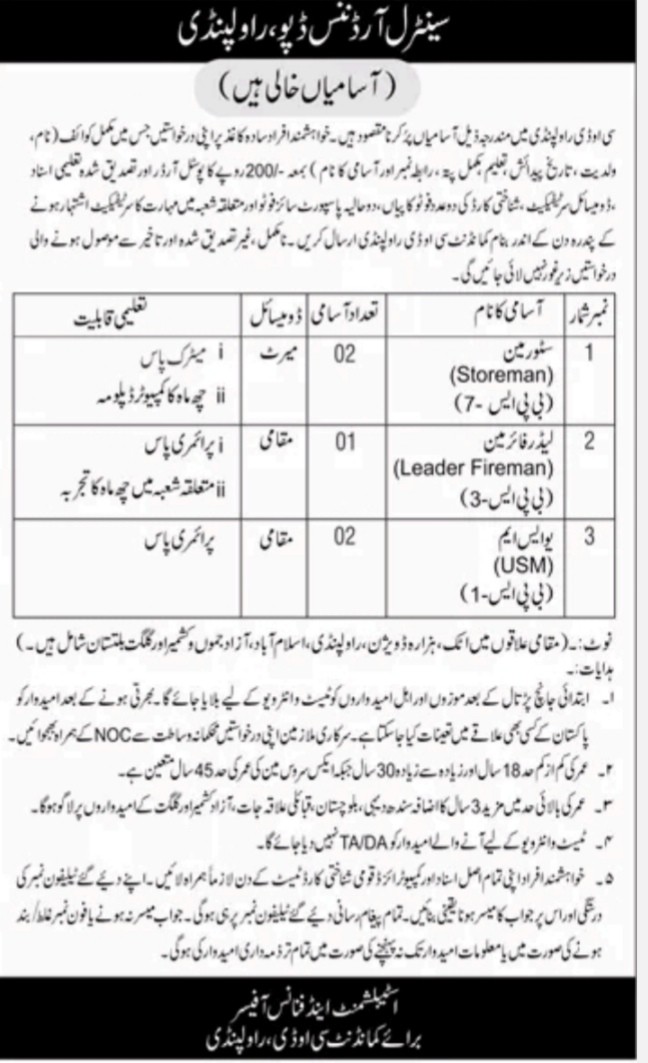 Central Ordnance Depot (COD) Rawalpindi Vacancies June 2023