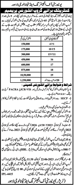 Contract for Group Insurance Premium for BPS-01 to BPS-20 Employees UET Lahore