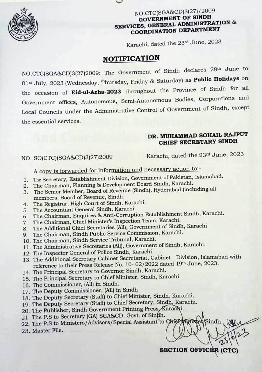 Eid-ul-Azha 2023 Holidays Sindh