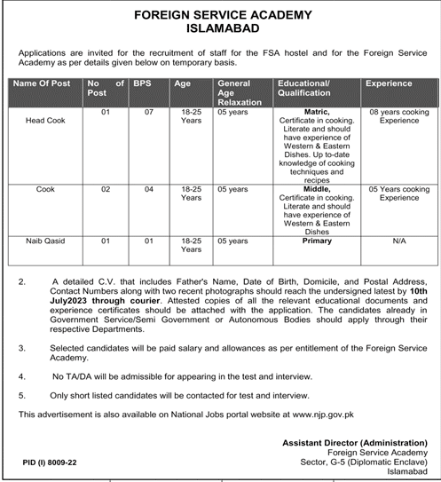 Foreign Service Academy (FSA) Islamabad Job Vacancies 2023