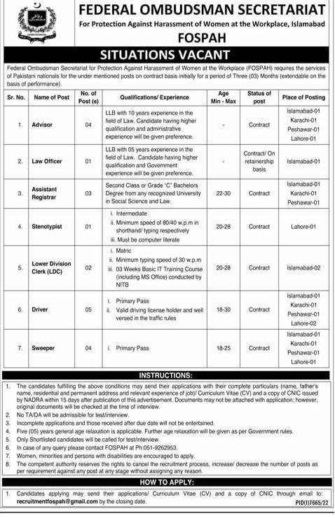 Federal Ombudsman Secretariat Protection against Harassment (FOSPAH) Vacancies 2023