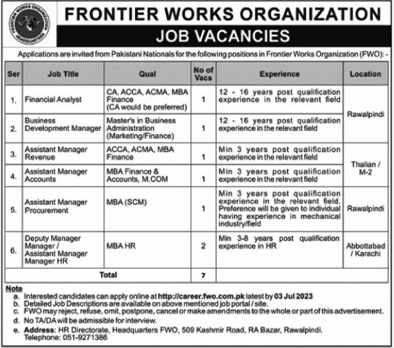 Frontier works Organization (FWO) Job Vacancies June 2023