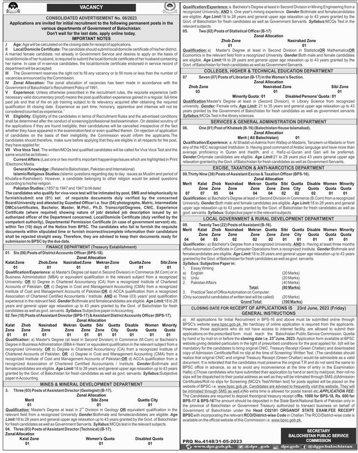 Government of Balochistan Jobs June 2023 through BPSC Ad No. 08 2023