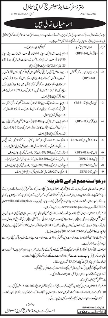 Latest Jobs Vacancies in the Office of Sessions Judge Karachi Central