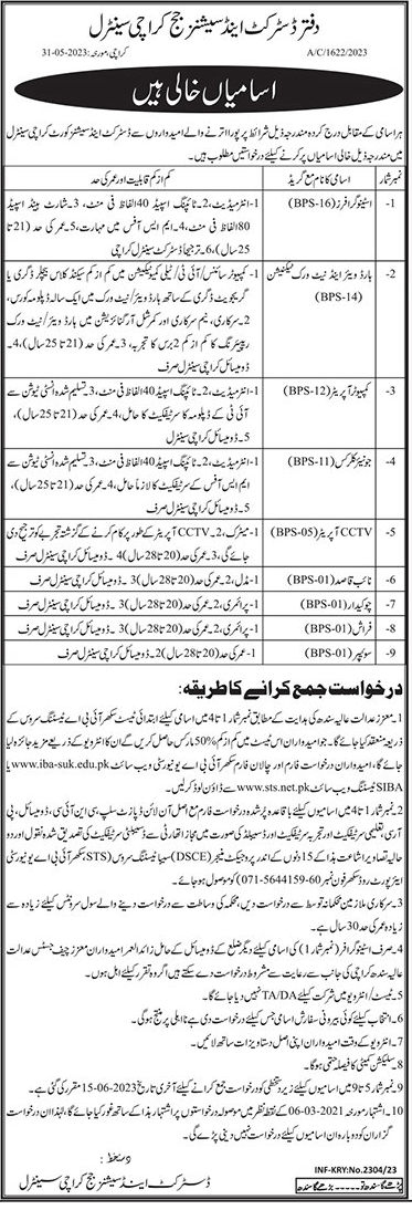 Latest Jobs in the Office of Sessions Judge Karachi Central