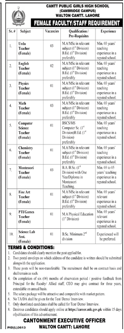 Latest Teaching Vacancies at Cantt Public Girls High School, Lahore