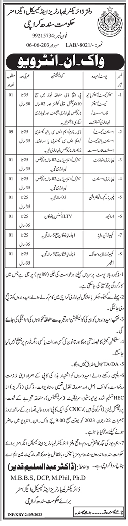 Latest Vacancies in Director Laboratories and Chemical Examiner Karachi