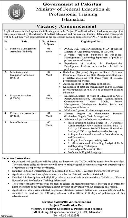 Latest Vacancies in Ministry of Federal Education & Professional Training June 2023