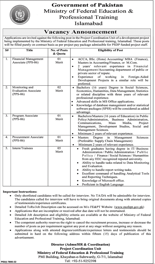 Latest Vacancies in Ministry of Federal Education & Professional Training