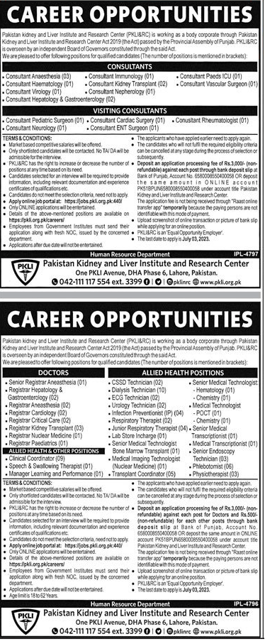 Latest Vacancies in Pakistan Kidney and Liver Institute and Research Center PKLI