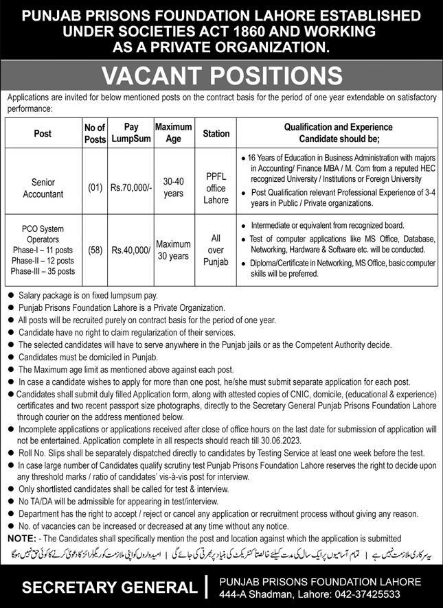 Latest Vacancies in Punjab Prison Foundation Lahore 2023