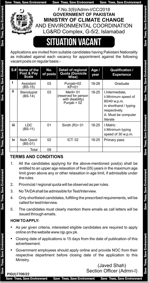Ministry of Climate Change Government Vacancies Islamabad 2023
