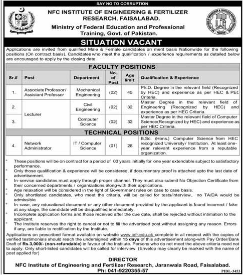 NFC Institute of Engineering & Fertilizers Research Faisalabad Vacancies 2023