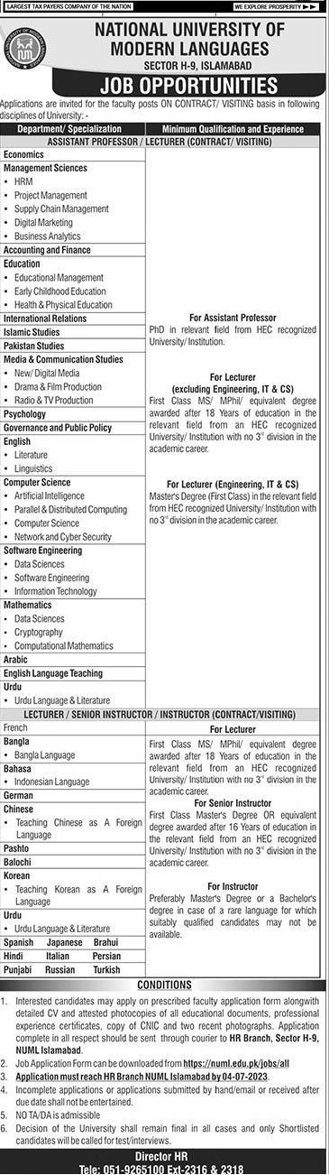 National University Modern Languages (NUML) job Vacancies 2023