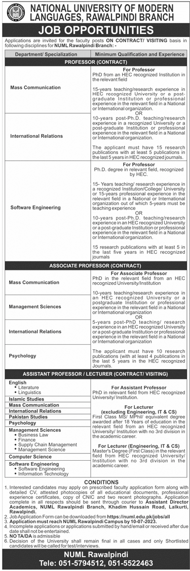 National University of Modern Languages (NUML) Rawalpindi Branch Latest Vacancies
