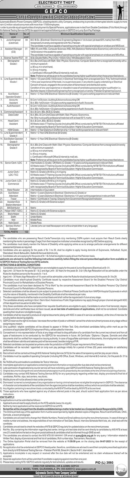 New Vacancies in Gujranwala Electric Supply Company (GEPCO) 2023 for Disabled Persons