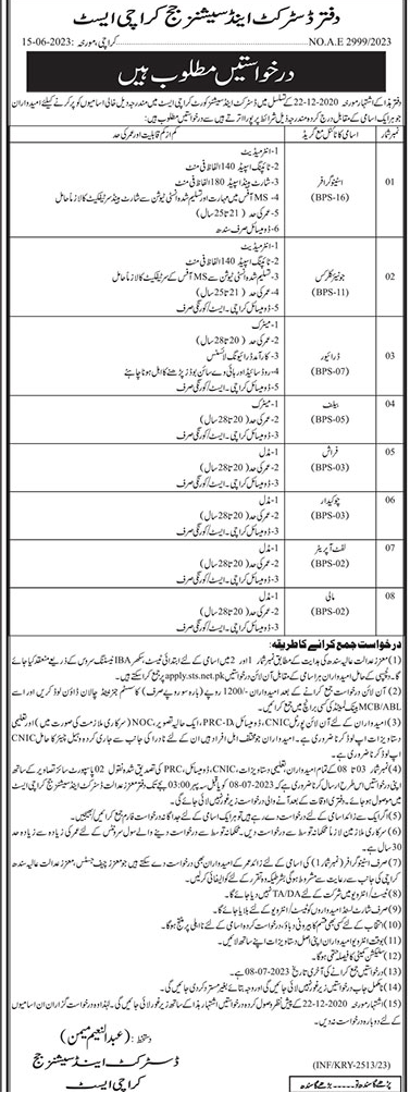 New Vacancies in the Office of District and Session Judge Karachi East