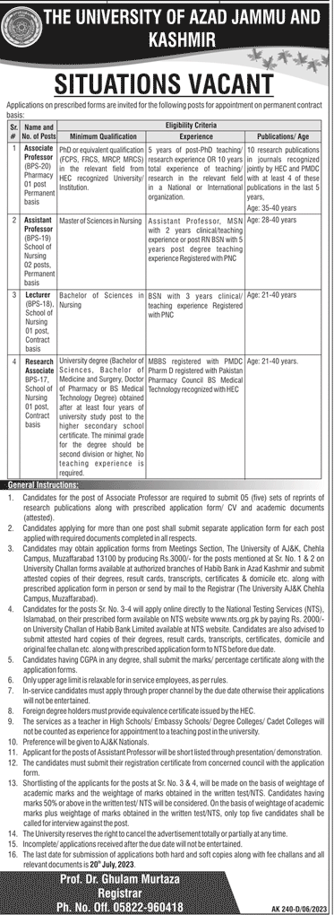 New Vacancies in the University of Azad Jammu and Kashmir 2023