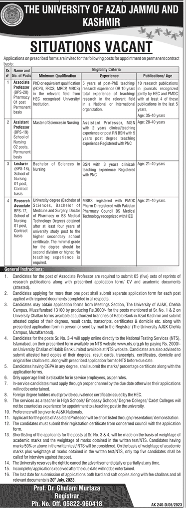 New Vacancies in the University of Azad Jammu and Kashmir