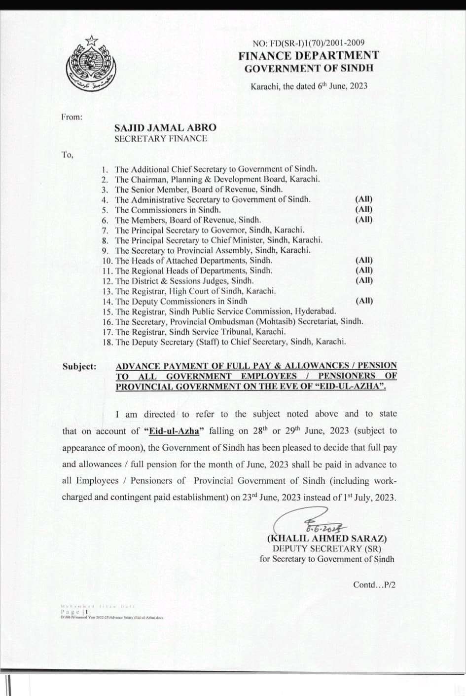 Notification Advance Salary and Pension June 2023 Sindh