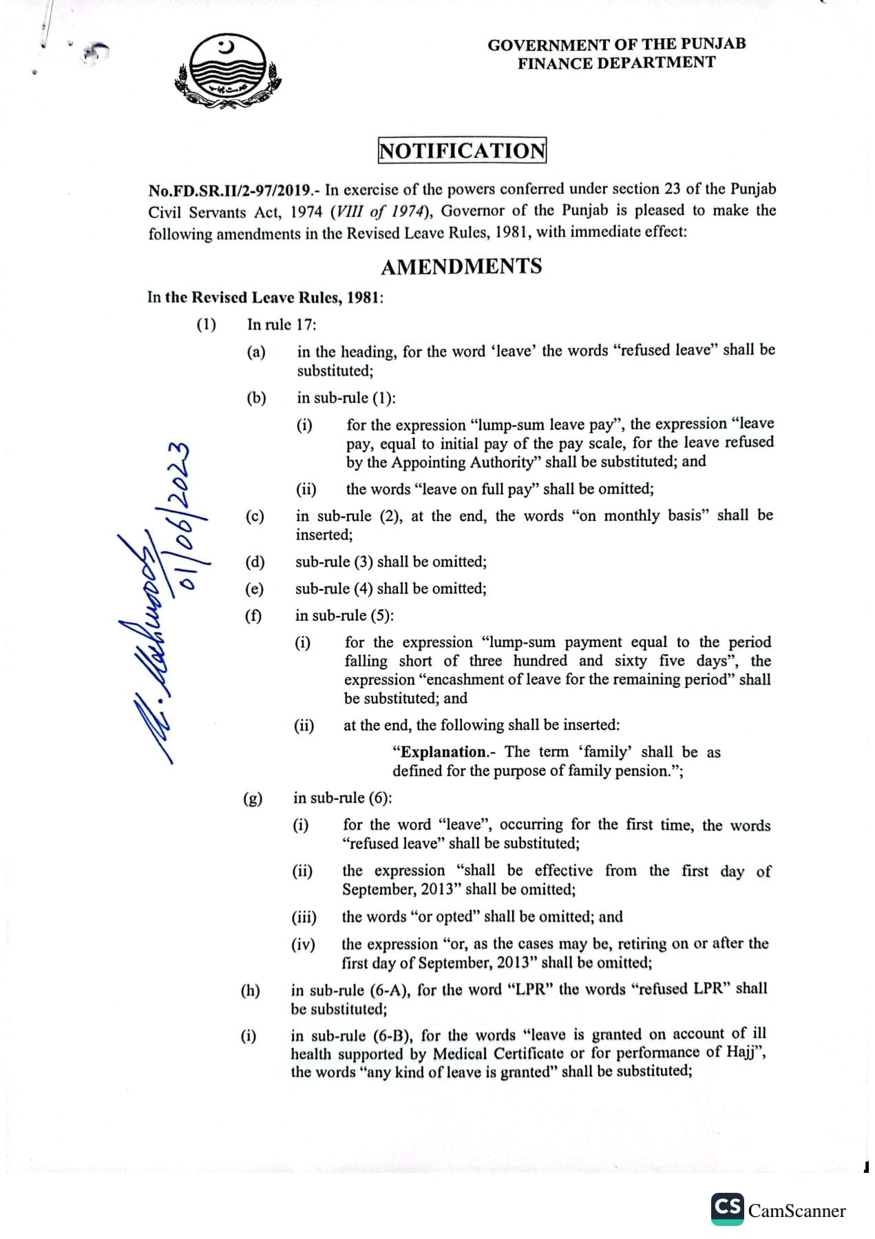 Notification Amendments in the Revised Leave Rule 2023 Punjab (Leave Encashment)