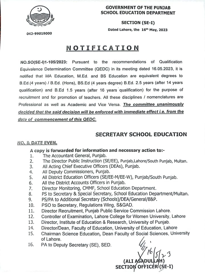 Notification of Equivalence Degrees MA Education, M.Ed and BS Education