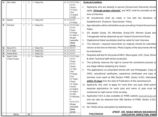 Pakistan Institute of Medical Sciences (PIMS) Jobs Vacancies June 2023