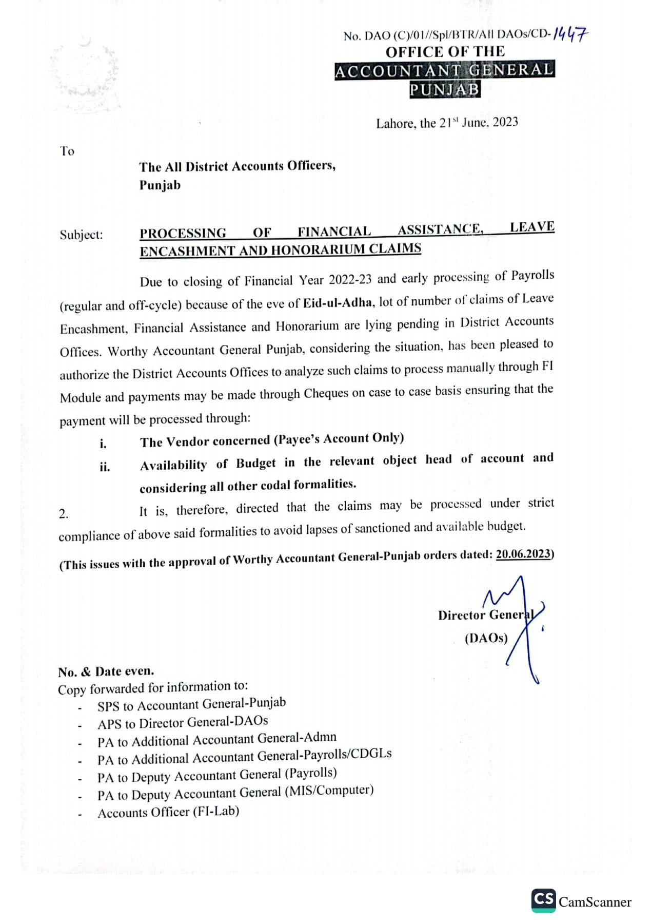 Processing Leave Encashment, Financial Assistant and Honorarium Claims Punjab