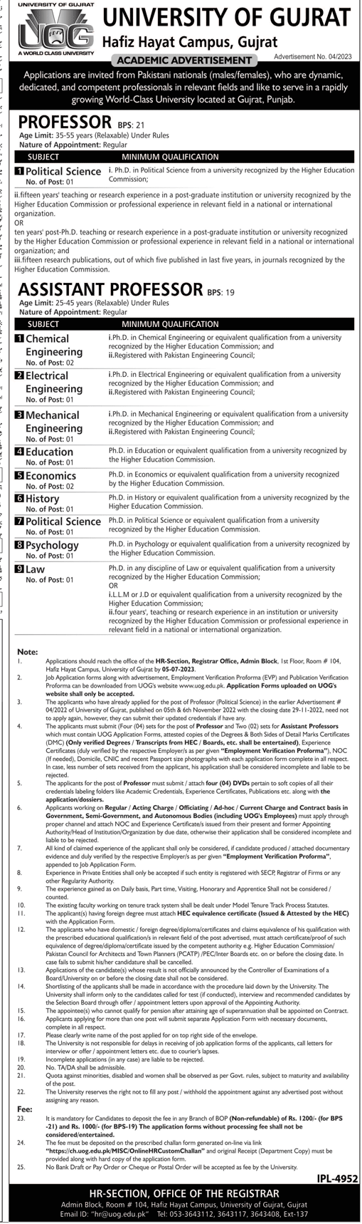 Professors and Assistant Professors Vacancies in University of Gujrat 2023
