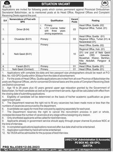 Provincial Ombudsman Secretariat Balochistan Vacancies 2023