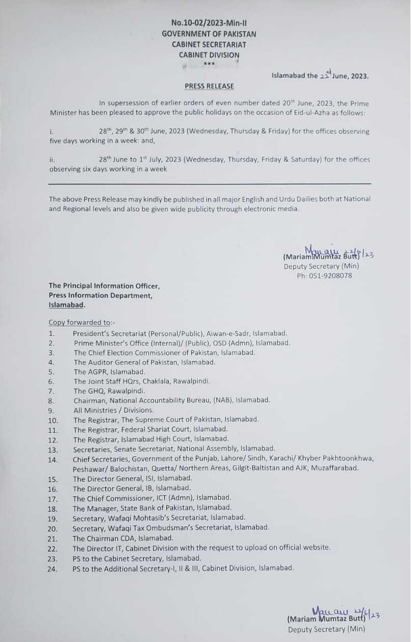 Revised Notification Eid-ul-Azha 2023 Holidays wef 28 June 2023