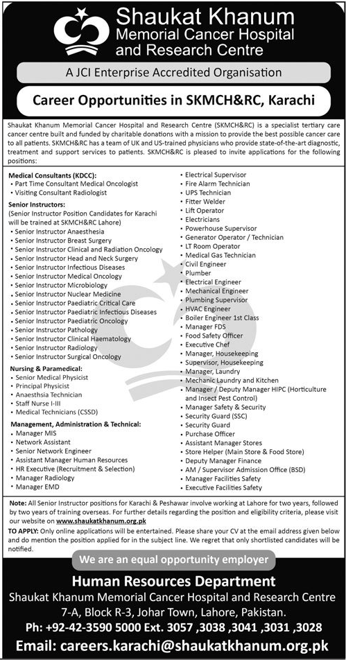 Career Opportunity in Shaukat Khanum , Karachi 