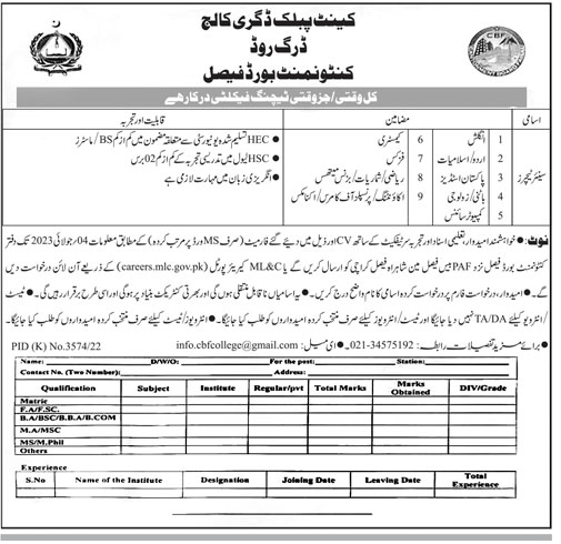 Teaching Vacancies in Cantt Public Degree College, CB Faisal Karachi