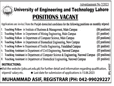 Teaching Vacancies in University of Engineering and Technology Lahore