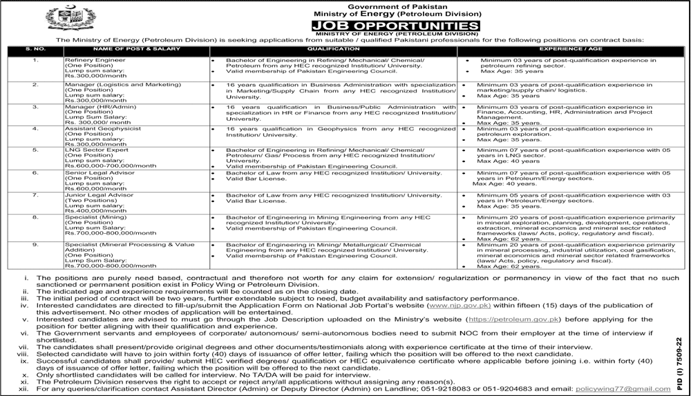 Vacancies In Ministry of Energy (Petroleum Division) June 2023