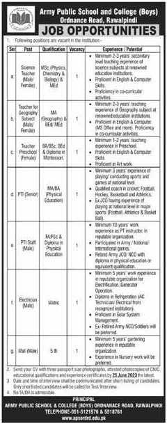 Vacancies in Army Public School & College (Boys) Rawalpindi June 2023